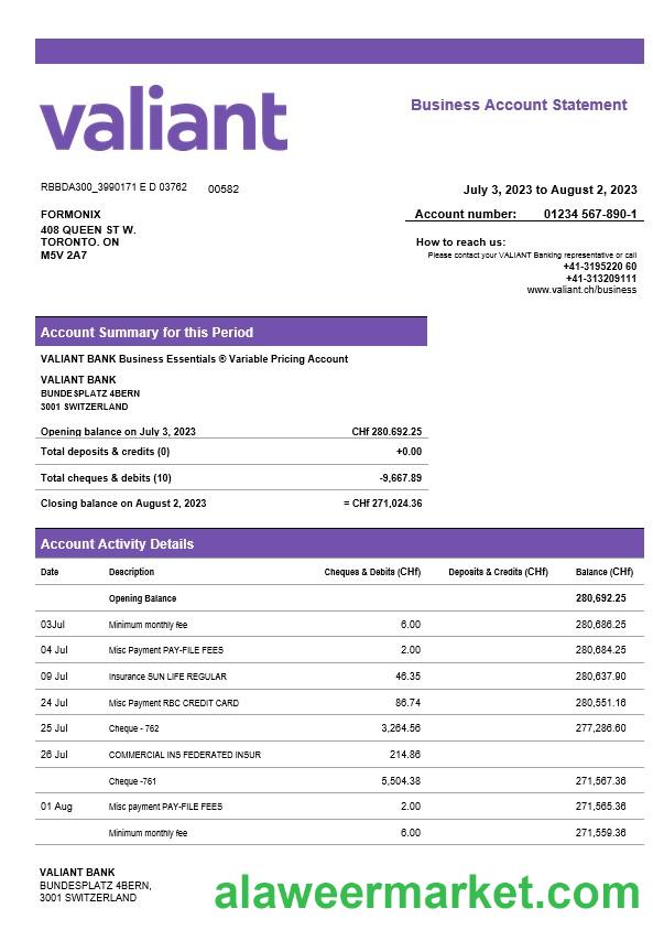 Valiant Bank enterprise account statement Word and PDF template